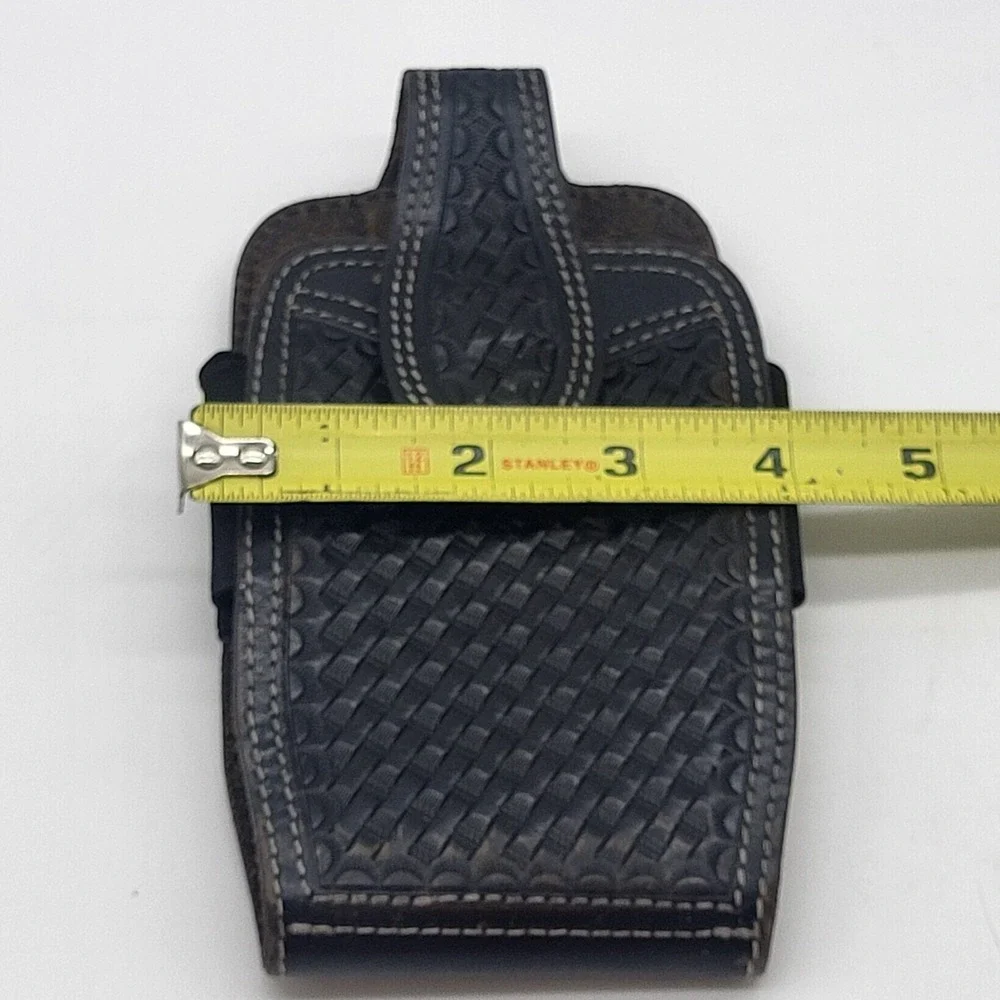 Western Black Leather Phone Holster With Basketweave Pattern And Swivel Clip - Picture 14 of 14